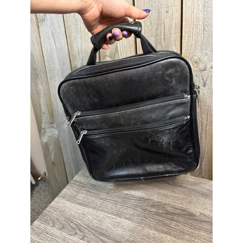 Vintage Black Leather Fold Out Messenger Bag Multi Pocket‎ Travel Case Handbag